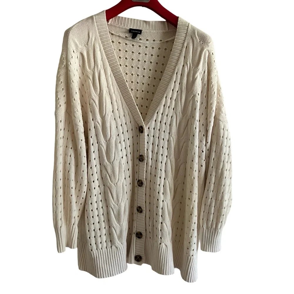 Torrid Cream Open Cable Knit Button Down Drop Shoulder Boyfriend Cardigan 3X - Picture 3 of 14